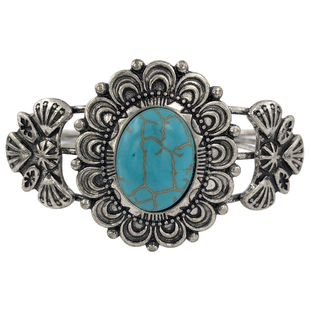 Oval Face Turquoise Stone Silver Statement Western Style Cuff Bracelet